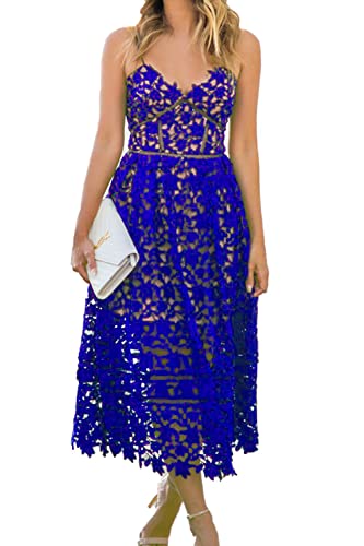 AlvaQ Womens V Neck Spaghetti Strap Lace Dress Sleeveless Sexy Backless Party Dresses with Pocket