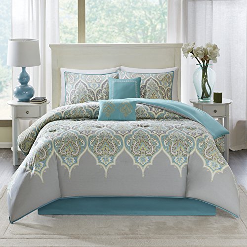 Comfort Spaces Cozy Comforter Set-Modern Classic Design All Season Down Alternative Bedding, Matching Shams, Bedskirt, Decorative Pillows, King(104"x90"), Mona, Cotton Paisley Grey/Teal