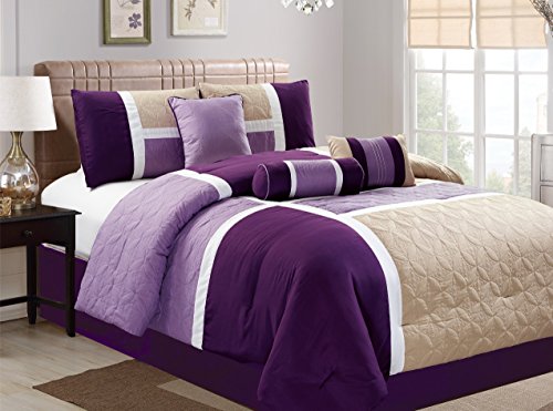 Book Cover Dovedote 20617_Purple_Q 7 Piece Luxury Microfiber Quilted Patchwork Comforter Set, Queen