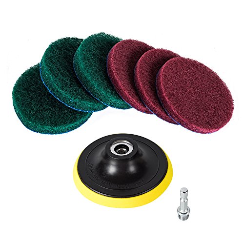 Kichwit 4 Inch Drill Power Brush Tile Scrubber Scouring Pads Cleaning Kit, Includes Drill Attachment, 3 Red Pads and 3 Stiff Green Pads, Heavy Duty Household Cleaning Tool (Drill NOT Included)