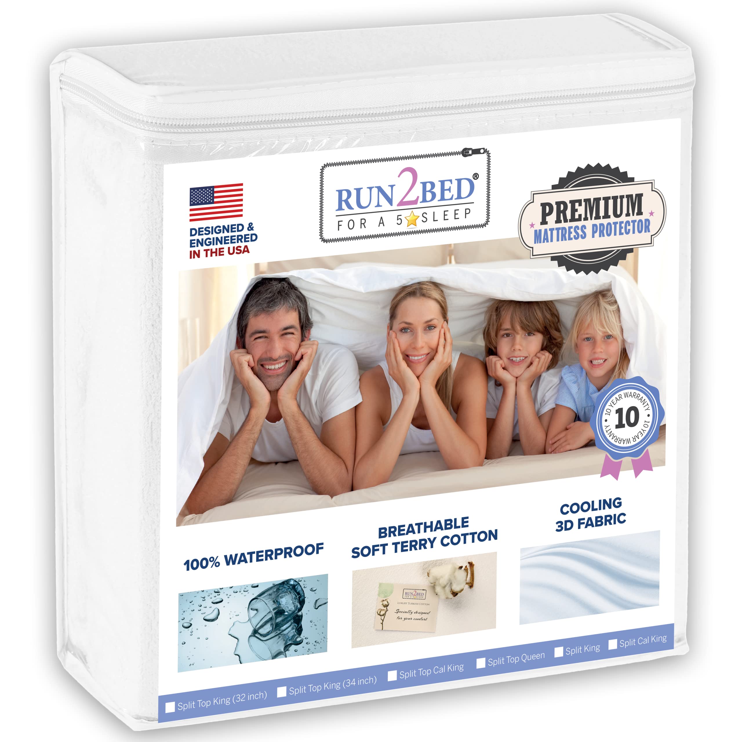 RUN2BED Split King Size Mattress Protector Ultrasoft Waterproof Luxury Turkish Cotton for Adjustable Beds Rapid Cool Tech - Vinyl Free - 10 Year Warranty (2 Cover, Split King) Split King (39x80)