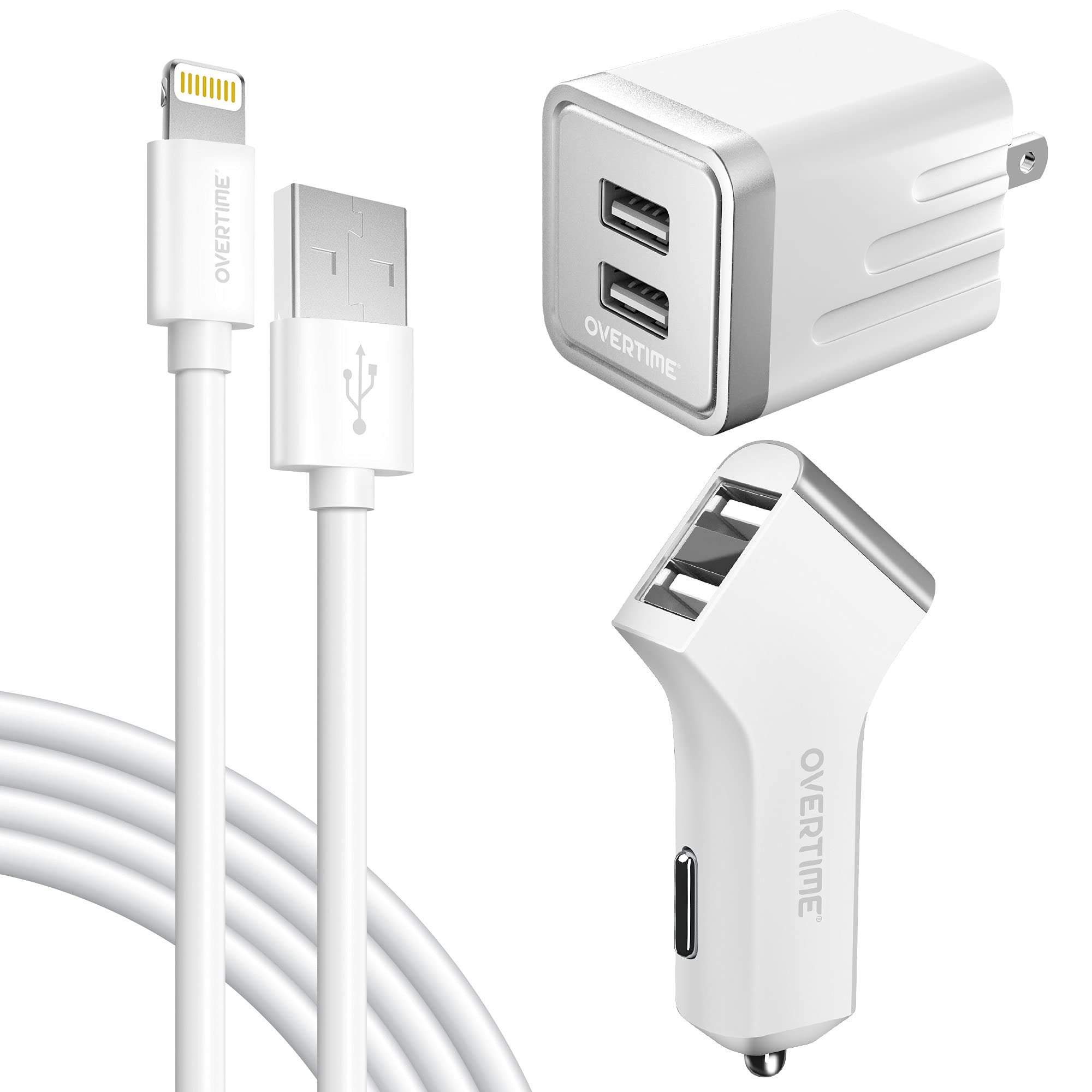 iPhone Charger, Overtime Apple MFi Certified 4ft Lightning USB Cable with Dual Port Wall & Car Charger Adapter for iPhone 11 Pro Max X Xs XR 8 7 6s 5 SE, iPad Pro Air Mini - White