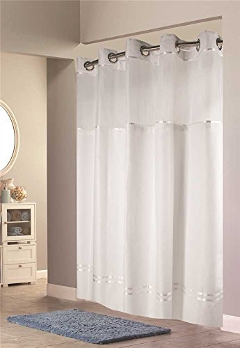 Hookless HBH40E257 Escape Shower Curtain With Snap in Liner White With White Stripe 71" X 74"