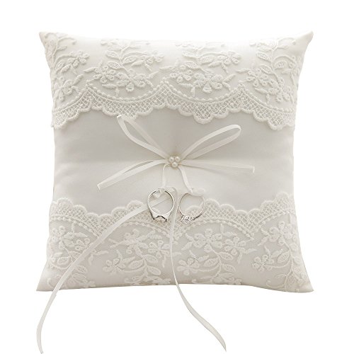 Bodosac Awtlife Lace Pearl Wedding Ring Pillow Cushion Bearer 8.26 Inch for Beach Wedding