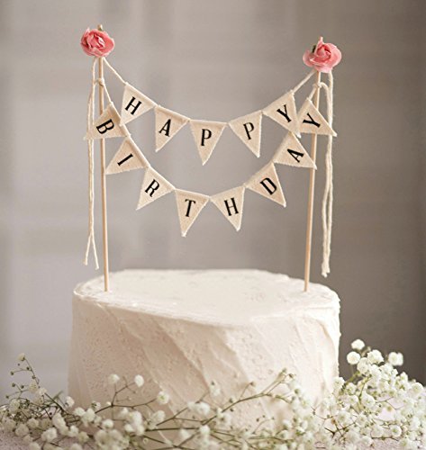 Book Cover Soccerene Happy Birthday Cake Bunting Topper Cake Topper Garland, Handmade Pennant Flags with Wood Pole Ivory Pink Roses