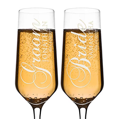 P Lab Set of 2, Bride Groom Names & Date, Personalized Wedding Toast Champagne Flute Set, Wedding Toasting Glasses - Etched Flutes for Bride & Groom Customized Wedding Gift #N2