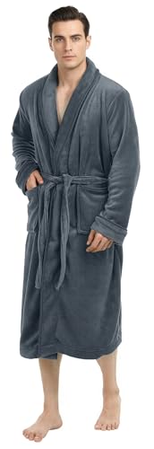 NY Threads Men's Soft Flannel Fleece Bath Robe - Luxury Dressing Gown (L / XL, Grey)