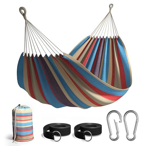 Sorbus® Brazilian Double Hammock - Extra-Long Two Person Portable Hammock Bed for Indoor or Outdoor Spaces - Hanging Rope, Carrying Pouch Included (Blue/Sand/Purple/Red Stripes)