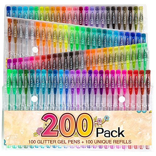 Book Cover 200 Glitter Gel Pen Set, 100 Gel Markers plus 100 Refills Glitter Neon Pen for Coloring Books Craft Doodling Drawing Bullet Journal Highlighter