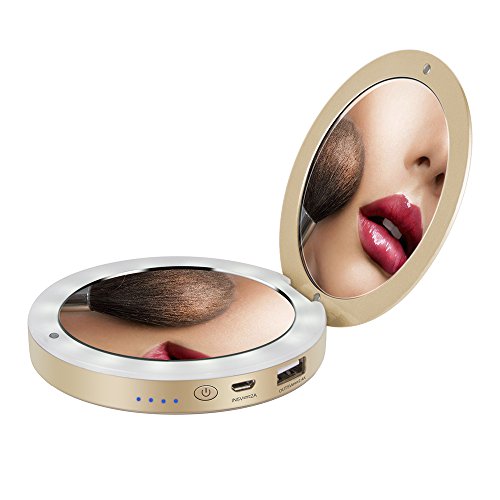 Shinngo Folding Travel Mirror External Battery Pack - 1X and 3X LED Lighted Travel Makeup Mirror, Magnifying, Handheld Mirror, Pouch and 3000mAh Power Bank, 2.4 A Portable Charger - Champagne Gold