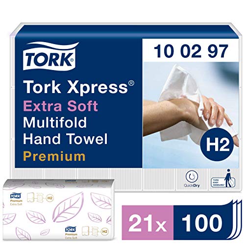 Tork Premium 100297 Extra Soft Xpress Multifold Paper Hand Towel, 4-Panel, 2-Ply, 8.35" Width x 13.4" Length, White (Case of 21 Packs, 100 per Pack, 2,100 Towels)