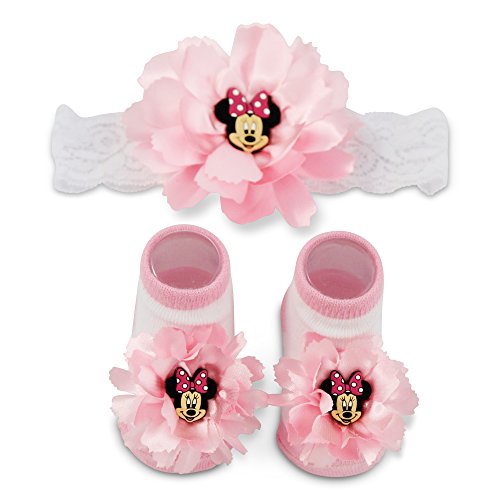 Disney Baby Girls' Minnie Mouse Polka Dot Flower Headwrap and Booties Gift Set, pink, white, 0-12M
