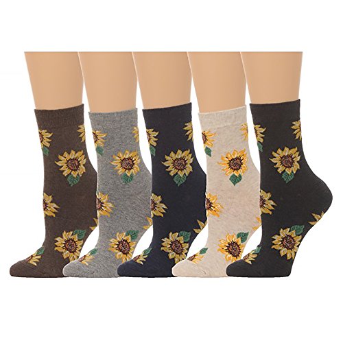 Women's Sunflower Print Crew Socks - (5 pair set) - Multi - One Size