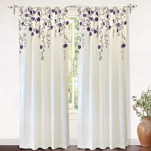 Book Cover DriftAway Isabella Faux Silk Embroidered Window Curtain Embroidered Crafted Flower Lined with Thermal Fabric Single Panel 50 Inch by 84 Inch Ivory Purple