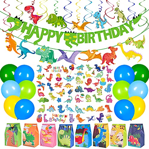 Book Cover Moon Boat 127PCS Dinosaur Birthday Party Supplies Set for Boys Kids - Includes Dino T-Rex Hanging Swirls Bday Banners Decorations Goodie Bags Balloons Stickers Favors
