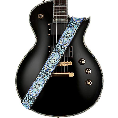 Amumu Hootenanny Embroidery Guitar Strap Blue Cotton for Acoustic, Electric and Bass Guitars, Ukuleles with Strap Blocks & Headstock Strap Tie - 2" Wide