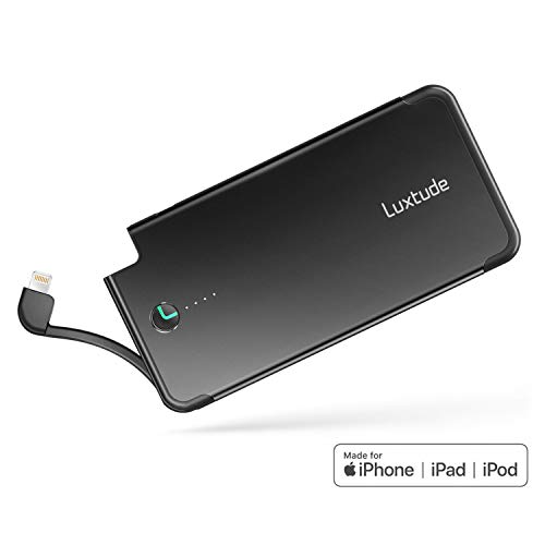 Luxtude PowerEasy 5000mAh Ultra Slim Portable Phone Charger for iPhone, Apple Certified Power Bank with Built in Lightning Cable, Fast Charging External Battery Pack for iPhone Xs/XR/X/8/8P/7/6/6S