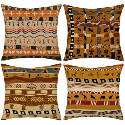 YANGYULU African Pattern Cotton Linen Home Decorative Throw Pillow Case Sofa Cushion Cover 18" x 18" (Set of 4)