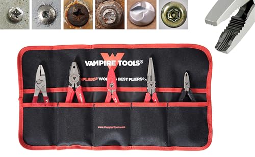 VAMPLIERS 5-PC Screw Extractor Pliers Set. Made in Japan: 8" Linesman, 7.5" Needle Nose, 7" Slip Joint, 6.25", 5" Mini Pliers + Rolling Tool Pouch. Stripped Screw Removal Tools