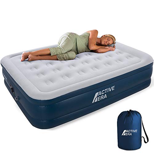 Active Era Queen Air Mattress with Built in Pump & Raised Pillow â€“ Puncture Resistant with Waterproof Flocked Top, Elevated Inflatable Air Bed for Guests