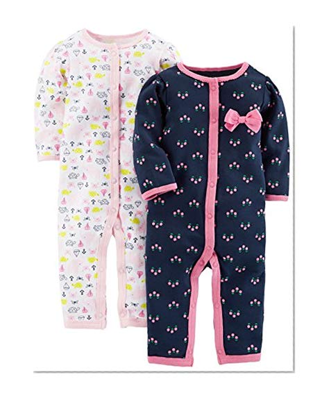 Book Cover Simple Joys by Carter's Baby Girls' 2-Pack Cotton Footless Sleep and Play, Elephant/Flowers without Cuffs, 0-3 Months