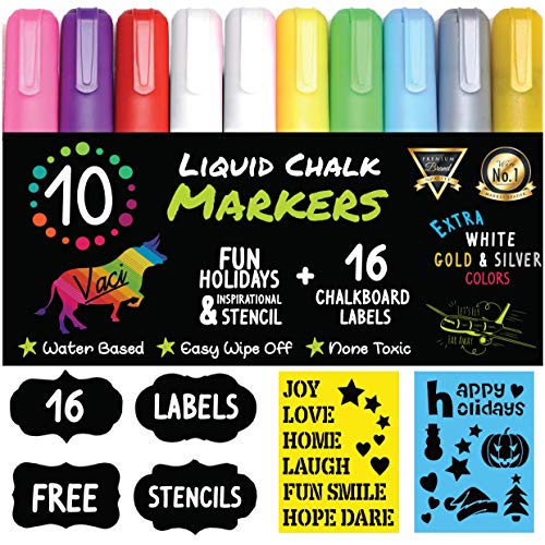 Chalk Markers by Vaci, Pack of 10 + Drawing Stencils + 16 Labels, Premium Liquid Chalkboard Neon Pens, Including Gold, Silver and Extra White Ink, Bullet or Chisel Reversible Tips