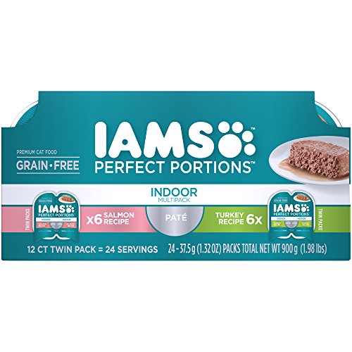 Iams Perfect Portions Grain Free Indoor Wet Cat Food Paté For Indoor Cats, Salmon Recipe And Turkey Recipe Variety Pack, (24) 2.6 Oz. Twin-Pack Trays