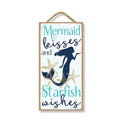 Book Cover Honey Dew Gifts Mermaid Kisses and Starfish Wishes 5 inch by 10 inch Hanging Wall Art, Decorative Wood Sign Home Decor, Mermaid Sign
