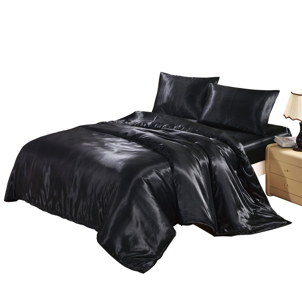 Book Cover DREFEEL Hotel Quality Black Duvet Cover Set Queen/Full Size Silk Like Satin Bedding with Hidden Zipper Ties Soft Comfortable Stain Resistant Solid Quilt/Comforter Cover Set Black Queen