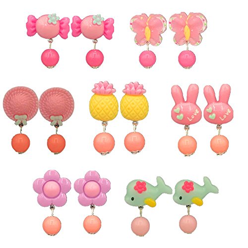 RAINBOW TOYFROG 7pc Young Girls Play Earrings, Clip-on Jewelry, Easter,Dress-up Fun, Pretend Play Princess, Little Kids Accessories, Birthday Gifts, Party Favor ,Value Set in Box