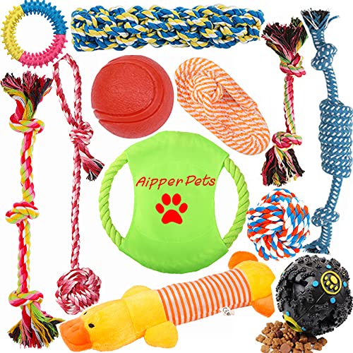Book Cover Aipper Dog Puppy Toys 12 Pack, Puppy Chew Toys for Playtime and Teeth Cleaning, IQ Treat Ball Squeak Toys and Dog Flying Disc Included, Puppy Teething Toys for Medium To Small Dogs, (Assorted Colors)