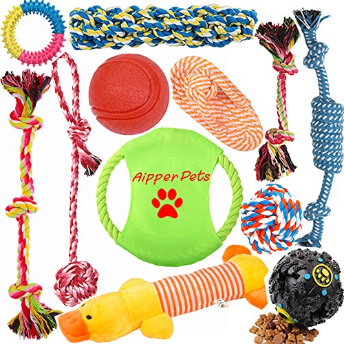 Aipper Dog Puppy Toys 12 Pack, Puppy Chew Toys for Playtime and Teeth Cleaning, IQ Treat Ball Squeak Toys and Dog Flying Disc Included, Puppy Teething Toys for Medium To Small Dogs, (Assorted Colors)