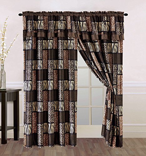 Grand Linen 4 Piece Brown/Black Animal Print Safari Patchwork Microfur Curtain Set with Attached Valance and Sheers - Leopard, Zebra, Cheetah Etc.