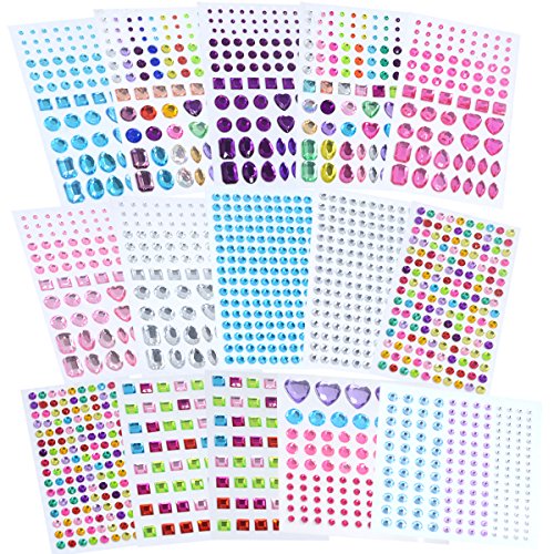1500 PCS Self-Adhesive Rhinestone Sticker Body Gems Stickers Bling Self Adhesive Jewels Craft Jewels Crystal Gem Stickers Multi-Color & Shape Assorted Size 15 Sheets by Unixing