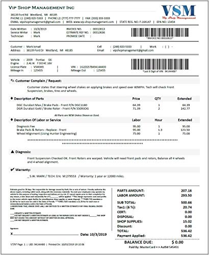 Invoice Software for Auto Repair shops: VIP Shop Management 5th Generation
