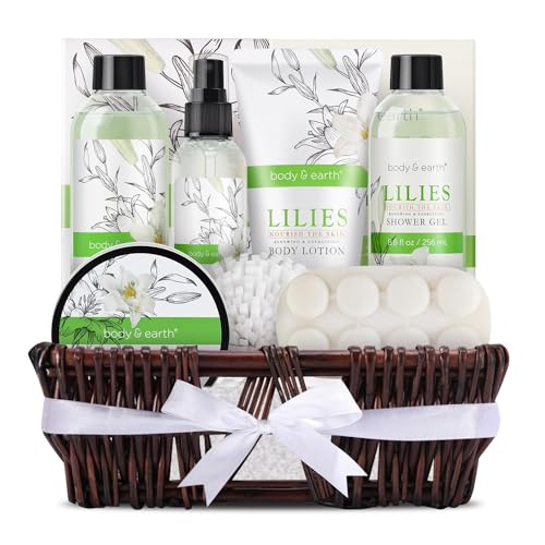Gift Baskets for Women, Body & Earth Spa Basket Gifts for Women, Lily 10pc Spa Kit Gift Set, Bath Set, Self Care Gifts, Birthday Gifts for Mom