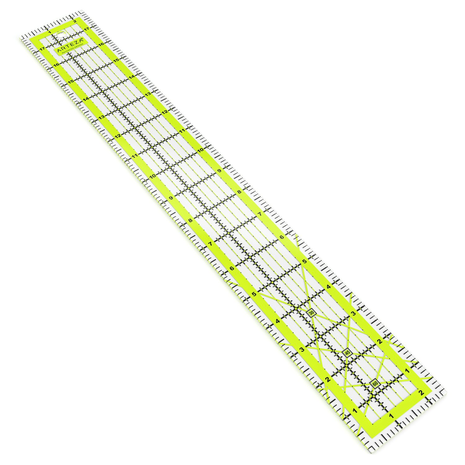 Arteza Quilting Ruler, Laser Cut Acrylic Quilters' Ruler with Patented Double Colored Grid Lines for Easy Precision Cutting, 2.5" Wide x 18" Long for Quilting, Sewing & Crafts, Black & Lime Green 2.5 x 18
