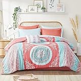 Intelligent Design Complete Bed In A Bag Casual Boho Comforter with Sheet Set Decorative Pillow, All Season Bedding Set, Full, Loretta Coral 9 Piece