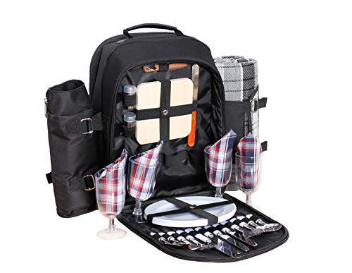Picnic Backpack for 4 | Picnic Basket | Stylish All-in-One Portable Picnic Bag with Complete Cutlery Set, Stainless Steel S/P Shakers | Picnic Blanket Waterproof Extra Large| Cooler Bag for Camping