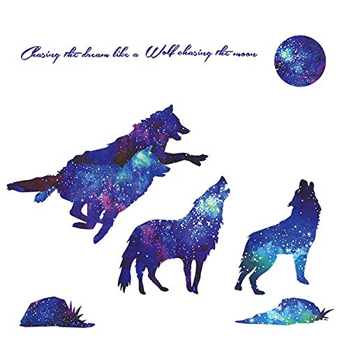 Amaonm Creative Blue Vinyl Starry Sky Wolf and Moon Stars Wall Decals Removable Stickers Living Room Decor Home Art Kids Bedroom Decal Nursery Sticker Boy Rooms Mural Children Gift Sticker Decal
