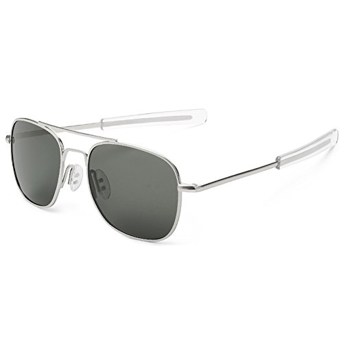 WELUK Men's Pilot Sunglasses Polarized 55mm Military Style with Bayonet Temples (Silver/Grey, 55)