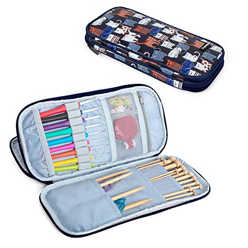 Teamoy Tunisian Crochet Hook Case(up to 11" long), Travel Organizer Bag for Afghan Crochet Hooks, Ergonomic Crochet Hooks, Knitting Needles and Accessories, Well Made, Large Capacity, Cats Blue