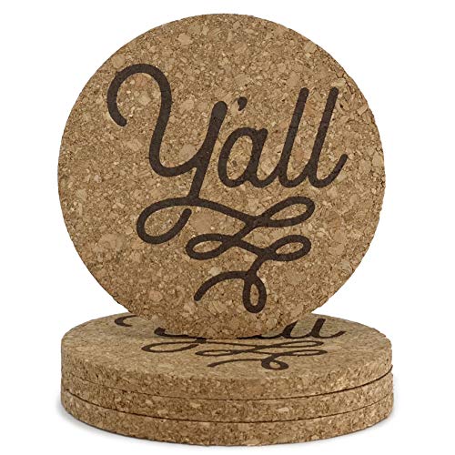 Y'all Texas Coaster Set Cork 3.5 Inch Coasters - 4 Texas Coasters Texas Gift