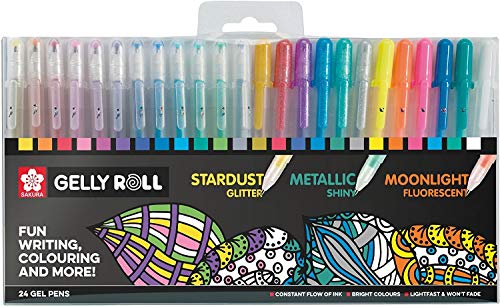 Lot de 24 stylos à encre gel Gelly Roll Sakura - Stardust (à paillettes) - Metallic (brillant) - Moonlight (fluorescent)