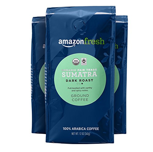 AmazonFresh Organic Fair Trade Sumatra Ground Coffee, Dark Roast, 12 Ounce (Pack of 3)