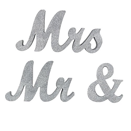 DerBlue Vintage Exquisite Silver Glitter Mr & Mrs Signs Elegnat Wooden Freestanding Letters for Wedding Sweetheart Table or Receptions Table Decorations