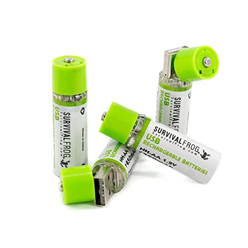 Survival Frog EasyPower USB AA Rechargeable Batteries 4 Pack - 1450mAh 1.2V NiMH AA USB Battery Charger Plugs into Any USB Device, 2-3 Times More Power Than Standard AA's
