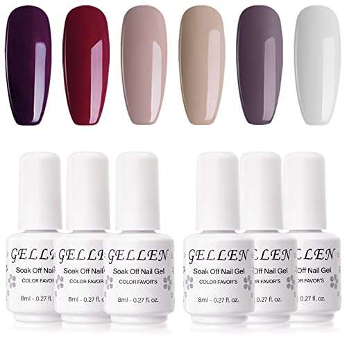 Gellen Gel Nail Polish Set - 6 Colors Gel Nail Set¡ê?Popular Nail Art Gel Kit, DIY Home Manicure Kit, Vibrant Red Purple Grey Shades Light Skin Tones Nail Polish