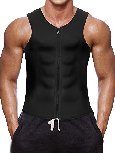 Men Waist Trainer Vest Hot Neoprene Corset Body Shaper Zipper Sauna Tank Top Workout Shirt (L, Black Neoprene Slimming Vest)
