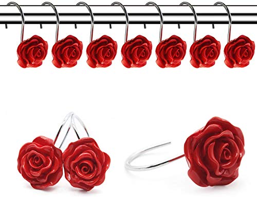 Book Cover FINROS 12 PCS Home Fashion Decorative Anti Rust Shower Curtain Hooks Rose Design Shower Curtain Rings Hooks (RED)